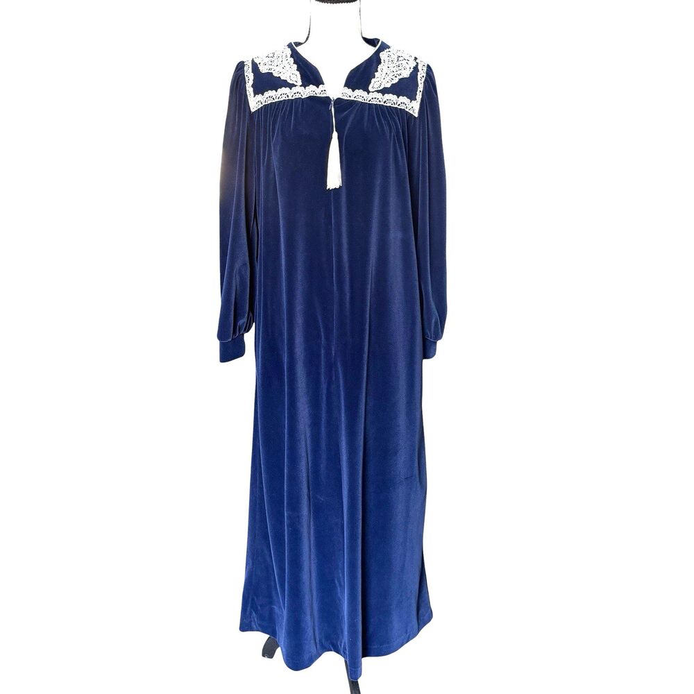 VTG db Boutique California Velour Nightgown Lace Tassel Navy Blue S USA Cottage